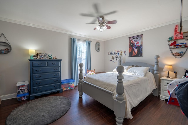 bedroom with ceiling fan, ornamental molding, and dark wood-type flooring