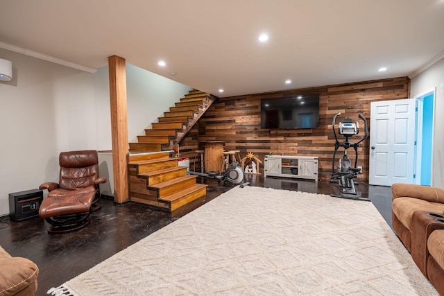 living room with a wall mounted air conditioner, ornamental molding, and wooden walls