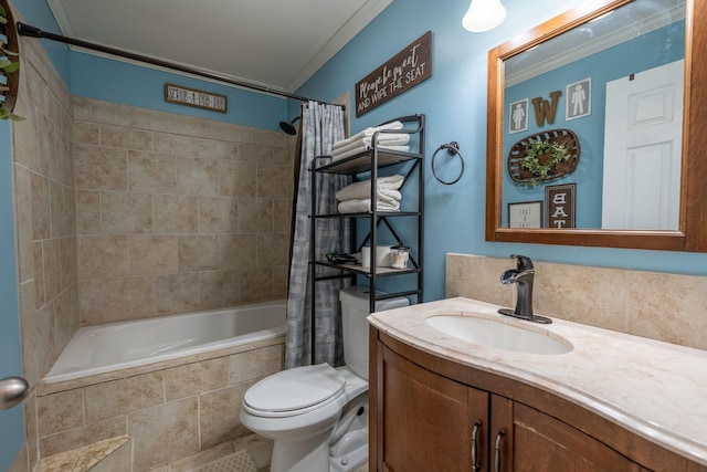 full bathroom featuring shower / bath combo, vanity, toilet, and ornamental molding