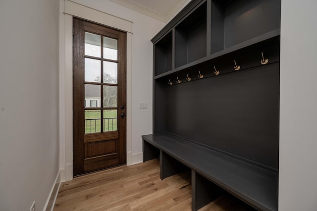 mudroom featuring light hardwood / wood-style floors, a wealth of natural light, and crown molding