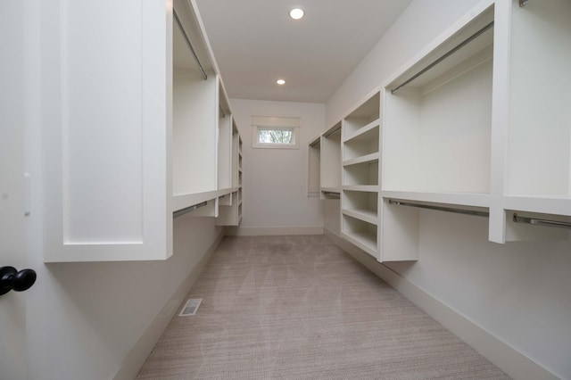 spacious closet featuring light colored carpet