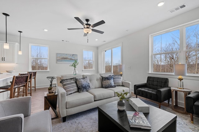 living room with hardwood / wood-style floors, ceiling fan, and a healthy amount of sunlight