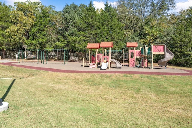 view of play area featuring a lawn