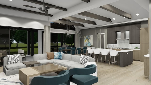 living room featuring beamed ceiling, light wood-type flooring, and ceiling fan