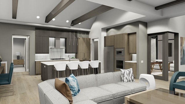 living room featuring beamed ceiling and light wood-type flooring