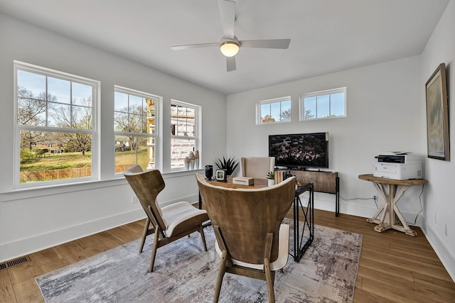 dining room with ceiling fan and wood-type flooring