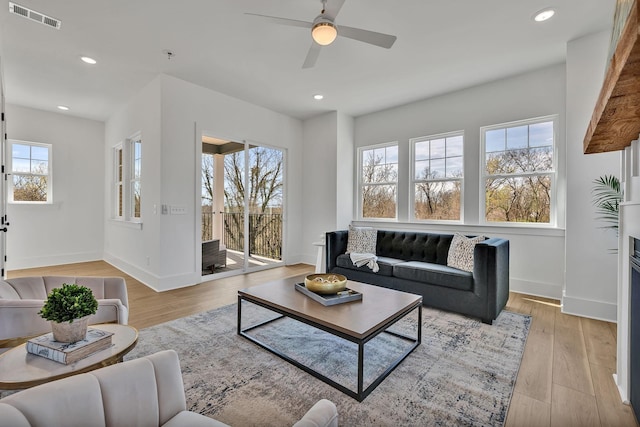 living room featuring ceiling fan and light hardwood / wood-style flooring