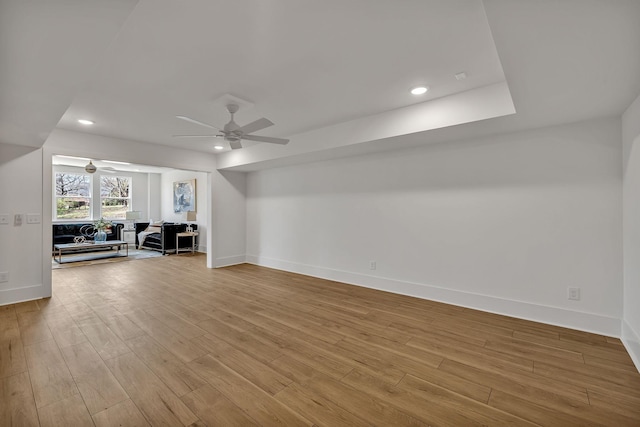 unfurnished living room with light hardwood / wood-style floors and ceiling fan