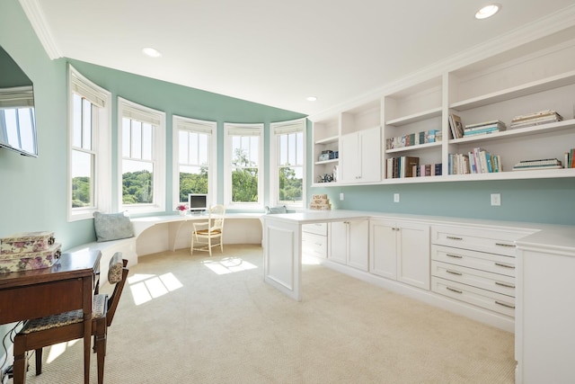 office area with light colored carpet, built in desk, and crown molding