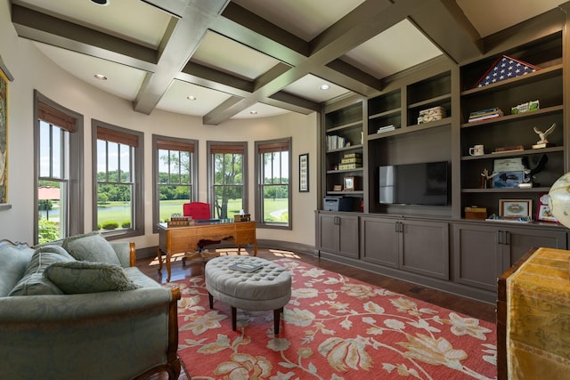 interior space with beamed ceiling, built in shelves, dark hardwood / wood-style flooring, and coffered ceiling