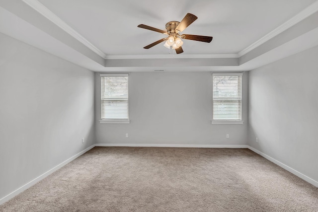 unfurnished room featuring ceiling fan, carpet floors, and a tray ceiling