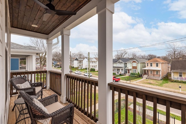 balcony featuring ceiling fan and covered porch