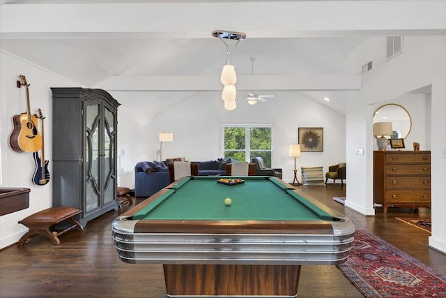 playroom featuring vaulted ceiling with beams, ceiling fan, and dark hardwood / wood-style flooring