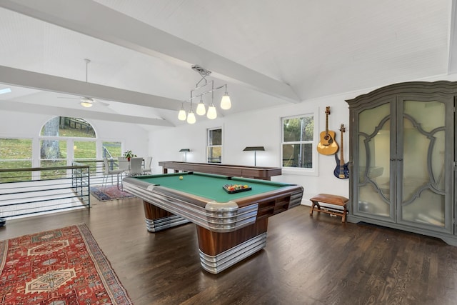 playroom featuring dark hardwood / wood-style flooring, lofted ceiling with beams, ceiling fan, and pool table