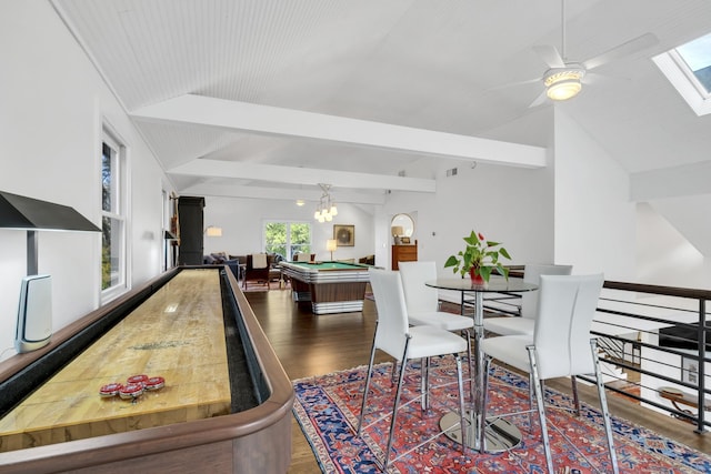 recreation room featuring ceiling fan with notable chandelier, lofted ceiling with beams, dark wood-type flooring, and pool table