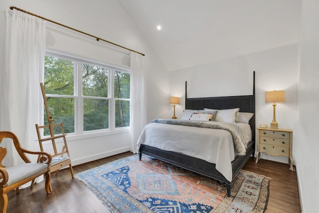 bedroom with lofted ceiling and dark wood-type flooring