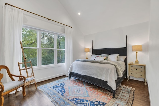 bedroom featuring lofted ceiling and dark wood-type flooring