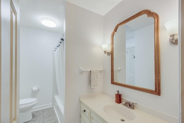 full bathroom with tile patterned floors, a textured ceiling, toilet, shower / tub combo with curtain, and vanity