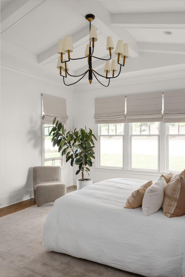 bedroom with vaulted ceiling with beams, wood-type flooring, and an inviting chandelier