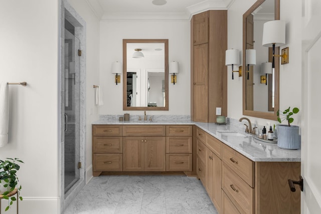 bathroom featuring vanity, an enclosed shower, and ornamental molding