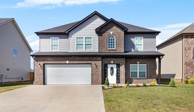 view of front of house with a garage and a front lawn