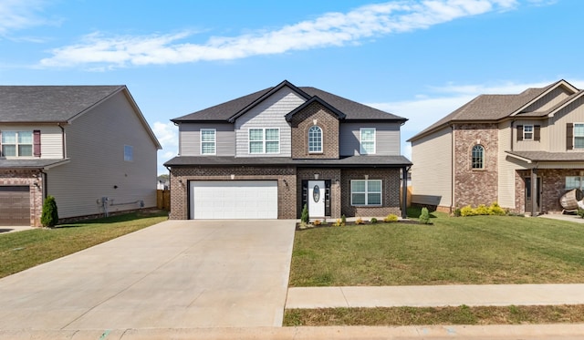 view of front of house with a garage and a front lawn