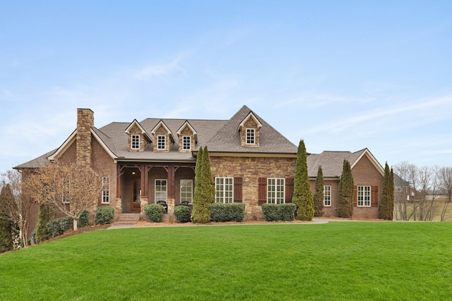 view of front of home featuring covered porch and a front lawn