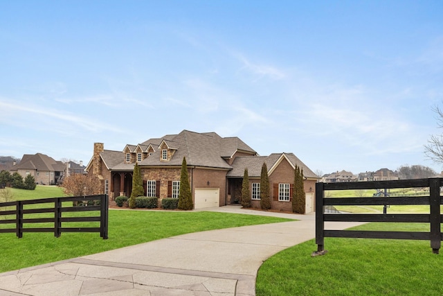 french country home with a garage and a front yard