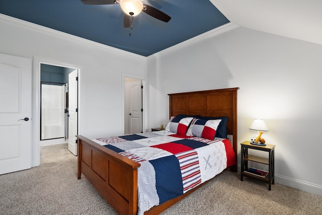 carpeted bedroom featuring lofted ceiling, ornamental molding, and ceiling fan