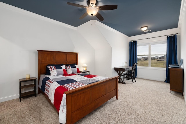 carpeted bedroom with crown molding and ceiling fan