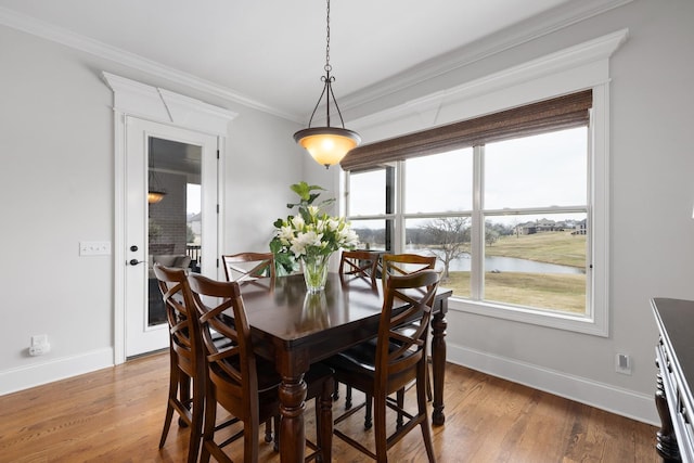 dining room featuring crown molding, plenty of natural light, and wood-type flooring