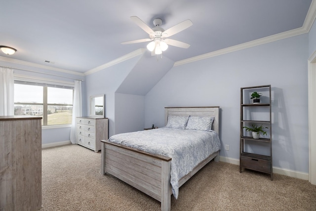 carpeted bedroom with ceiling fan, ornamental molding, and vaulted ceiling