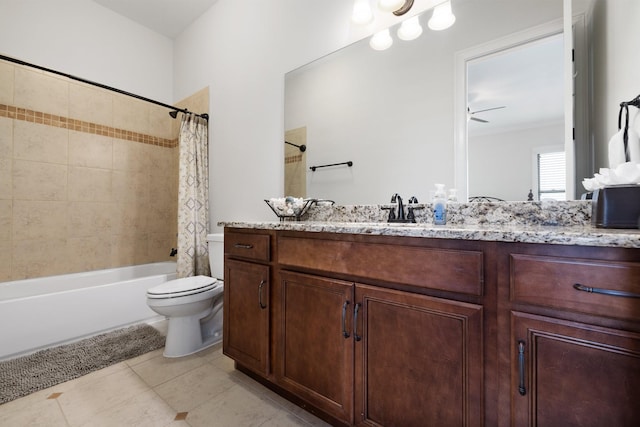 full bathroom with tile patterned flooring, vanity, shower / tub combo, and toilet