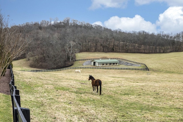 exterior space featuring a lawn and a rural view