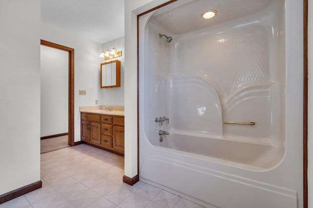 bathroom featuring shower / tub combination, tile patterned flooring, and vanity