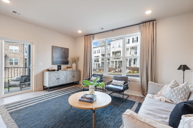 living room featuring a healthy amount of sunlight and hardwood / wood-style flooring