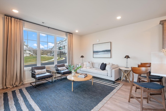 living room featuring light hardwood / wood-style floors and a healthy amount of sunlight