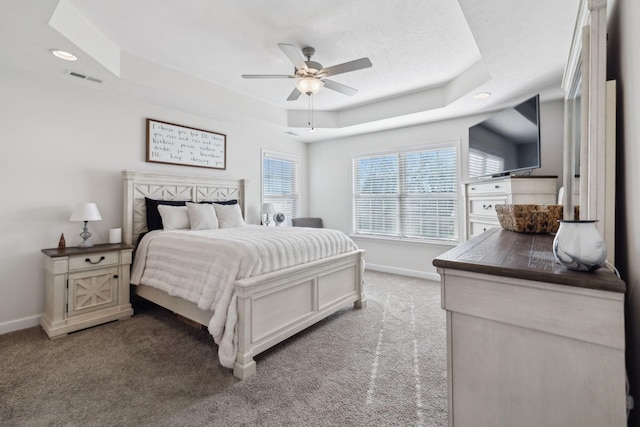 bedroom with a raised ceiling, ceiling fan, and carpet