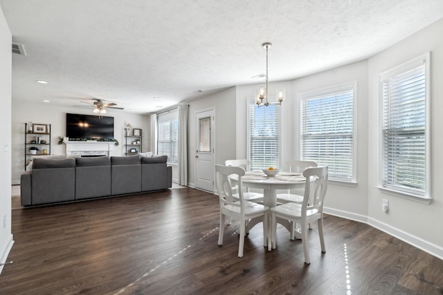 dining space with plenty of natural light, dark hardwood / wood-style flooring, and a textured ceiling