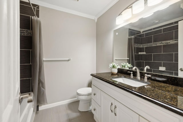 bathroom with tile patterned floors, walk in shower, vanity, crown molding, and toilet