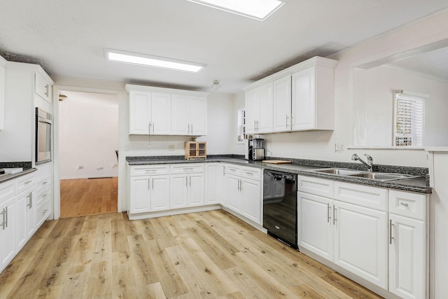 kitchen with sink, white cabinets, light wood-type flooring, and black dishwasher