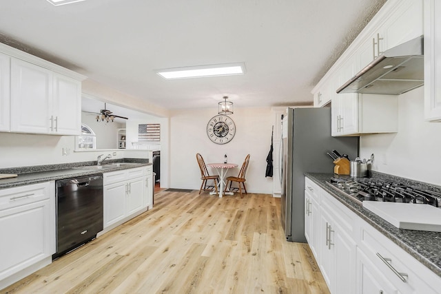 kitchen featuring appliances with stainless steel finishes, ceiling fan, exhaust hood, light hardwood / wood-style flooring, and white cabinets