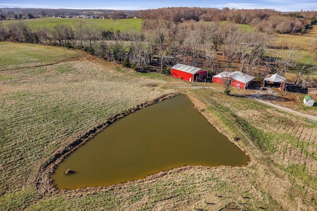 bird's eye view featuring a water view and a rural view