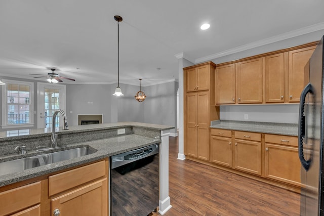 kitchen featuring stainless steel refrigerator, dishwasher, sink, hanging light fixtures, and ornamental molding