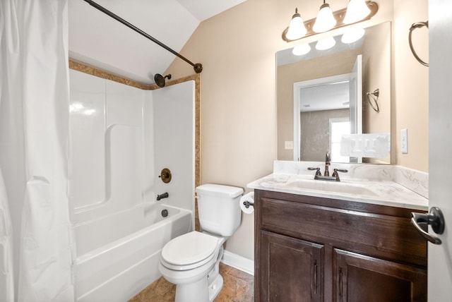 full bathroom featuring toilet, vanity, vaulted ceiling, and shower / bathtub combination with curtain