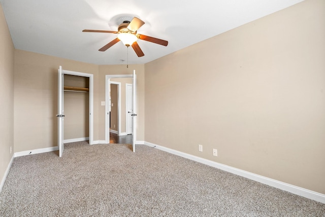 unfurnished bedroom with carpet flooring, a closet, and ceiling fan