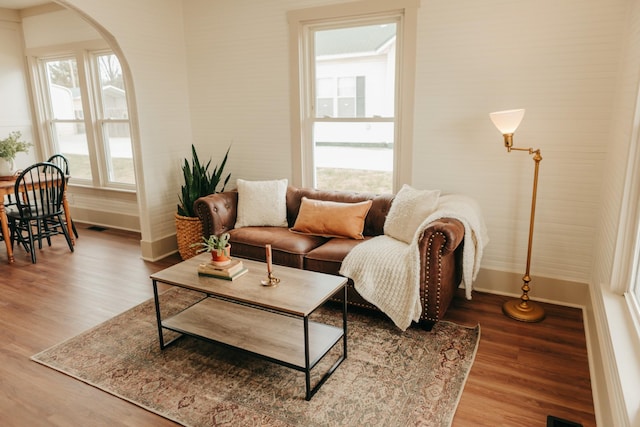 living room with hardwood / wood-style floors and a healthy amount of sunlight