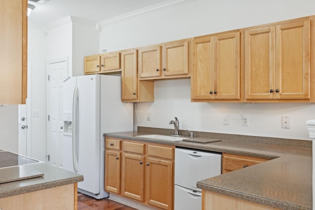 kitchen with white appliances, crown molding, sink, light brown cabinets, and hardwood / wood-style flooring