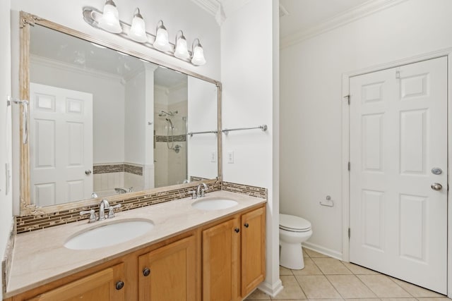 full bathroom featuring vanity, crown molding, tile patterned flooring, toilet, and shower with separate bathtub