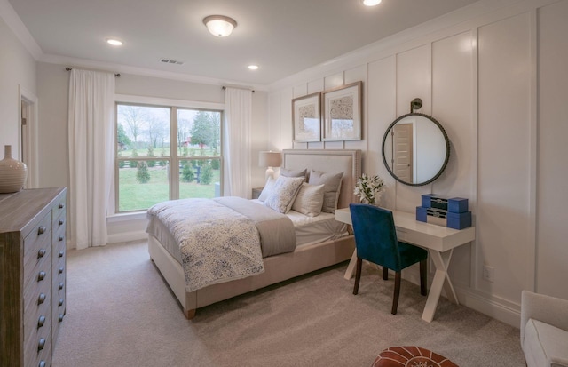 bedroom with light colored carpet and ornamental molding